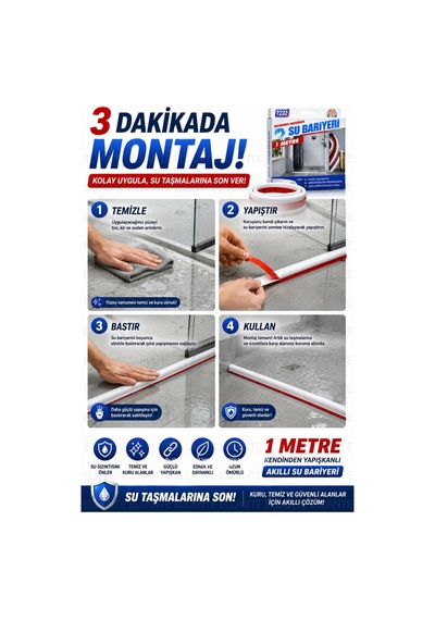 Su Bariyeri 1 Metre Kendinden Yapışkanlı Su Sızdırmaz Bant Duşakabin, Banyo, Mutfak Ve Kapı Altı