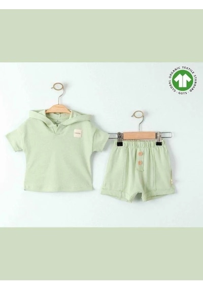 Zekids Bebek Organik Pamuklu Basic Kapüşonlu Tshirt Şortlu Takım-15908 Yesil