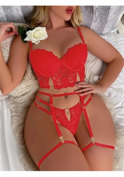 Angbutik Kadın Kırmızı Dantelli Jartiyer Büstiyer Takımı