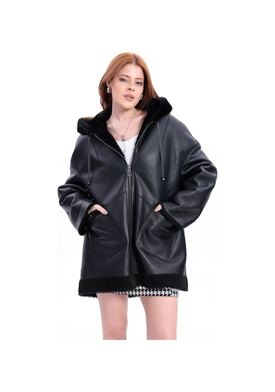 M M Marki Marki Hakiki Deri Kadın Mont Siyah İçi Kürklü Kapüşonlu Oversize Fermuarlı 67 Cm - 120322