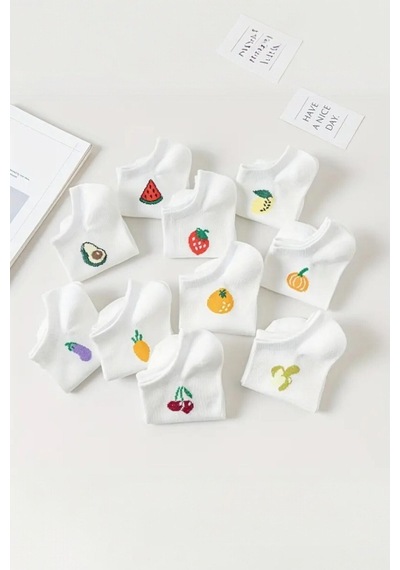 Hitit Socks Kadın 10 Çift Premium Kalite Pamuklu Meyve Desenli Babet Çorap Beyaz