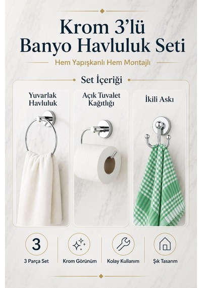 Alper Banyo Krom 3'Lü Banyo Seti, Yuvarlak Havluluk, Kağıtlık Ve Bornoz Askısı