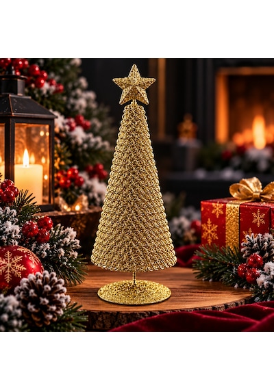 Vıp Tasarım Gold Metal 23 Cm Gold Yılbaşı Ağacı Metal Parlak Simli Gold Noel Ağacı Yılbaşı Çam Ağacı
