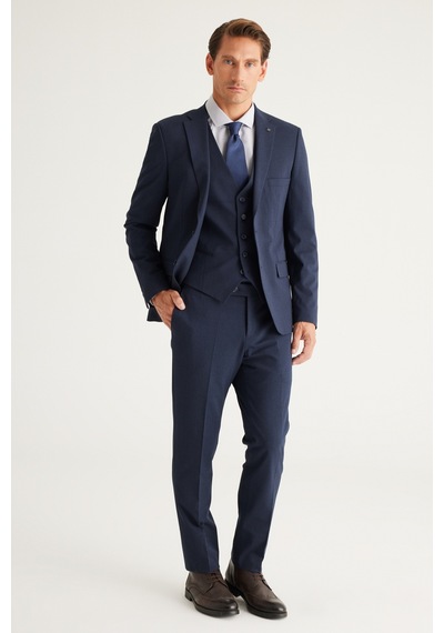 Ac&Co / Altınyıldız Classics Erkek K.lacı Recycle Slim Fit Dar Kesim Mono Yaka Yelekli Kareli Takım Elbise K.lacı Koyu Lacivert