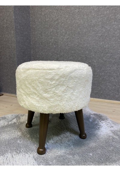 Asedia Miskin Ceviz Teddy Krem Ahşap Ayaklı Peluş Puf Makyaj Koltuğu Yuvarlak Tabure