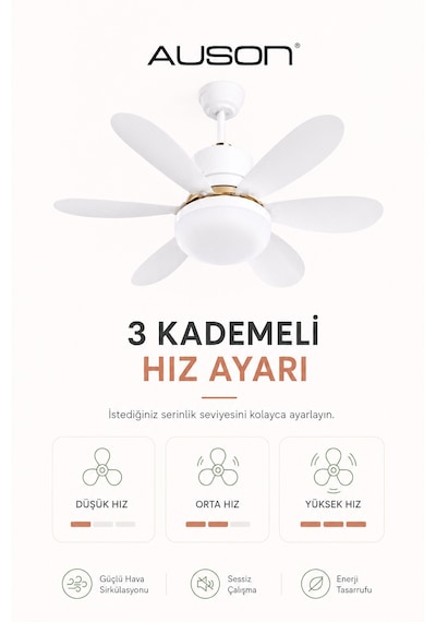 Auson Uzaktan Kumandalı Işıklı Tavan Vantilatörü E27 Duy Uyumlu 3 Işık Modu 3 Kademeli Hız Sessiz Çalışma As-tv10