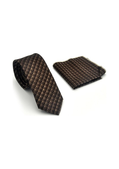 Gaffy Kahverengi Küp Desenli Bej Dokuma Kumaş Mendilli Slim Fit Kravat // Sdk-2605-6 Bej