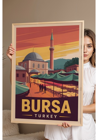 Bursa Tablo - Retro Travel Poster - Türkiye Şehir Serisi Duvar Dekoru - Çerçeve Şehir İllüstrasyonu Kayın