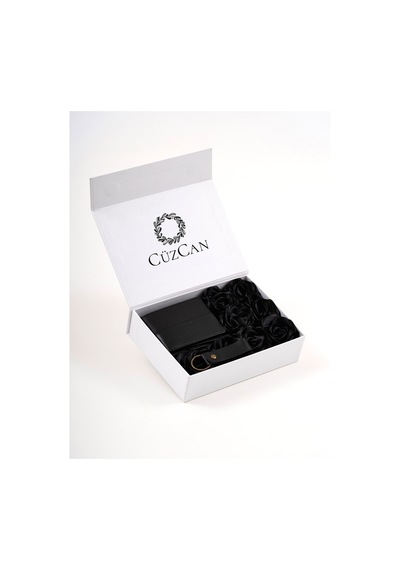 Premium Gift Rose Box - Frankfurt Siyah Hakiki Deri Cüzdan - Anahtarlık Ve Siyah Gül Kutusu Siyah