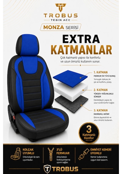 Volvo V40 2012-2019 Uyumlu Monza Serisi Siyah Mavi Oto Koltuk Kılıfı