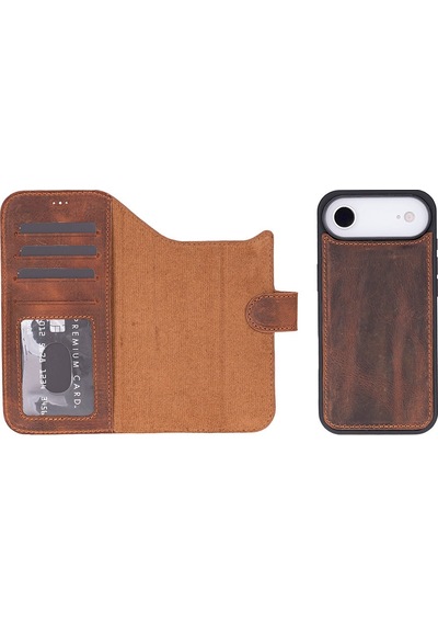 Bloomcase Magic Wallet Mahogany Saddle Hakiki Deri Apple Uyumlu iPhone 17 Air 6.5" Cüzdanlı Telefon Kılıfı Kahverengi