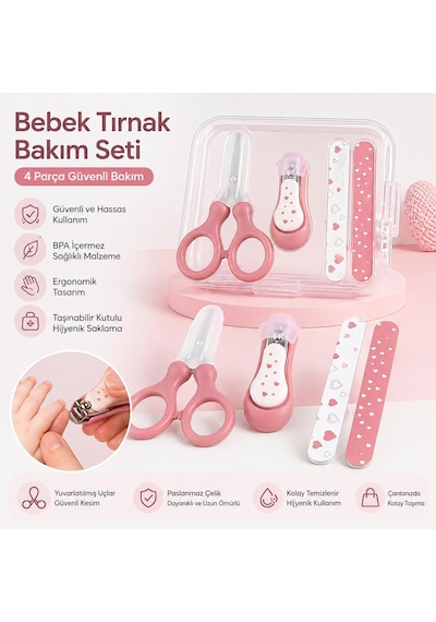 4 Parça Bebek Tırnak Bakım Seti Pembe Güvenli Makas, Tırnak Makası, Törpü Yenidoğan Bebek Bakım Seti