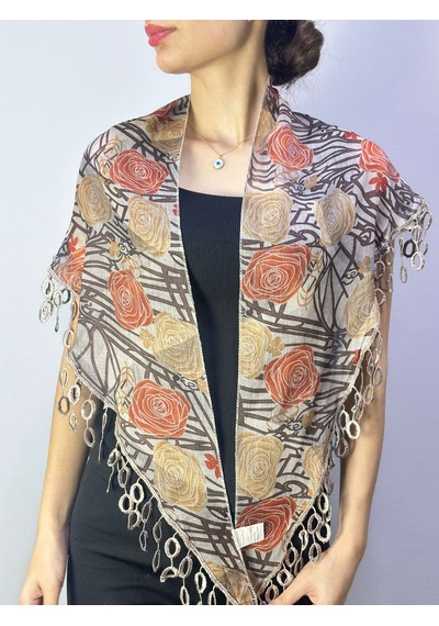Gönülden Tasarım 160x45 Cm Çift Taraflı Çiçekli Ve Ekose Desenli Üçgen Kadın Fular Şal Renkli