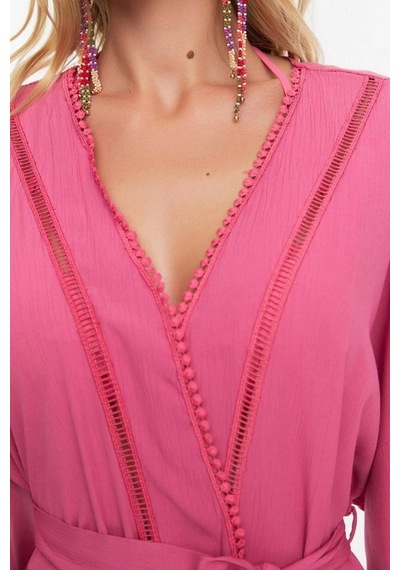 Ersefa Moda Dokuma Regular Kalıp Uzun V Yaka Standart Kol Crinkle Basic Pembe