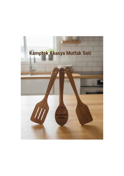 Kamptek Akasya Ahşap 3'lü Mutfak Seti Spatula Ve Kaşık Takımı