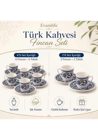 Porselen Türk Kahvesi Fincan Takımı, Geleneksel Çini Desenli El Boyaması Kahve Fincanı Seti, Tabaklı Fincan Takı Diğer