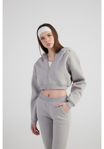 Holly Lolly Kadın Gri Kapüşonlu Uzun Kol Fermuarlı Crop Mixed Sweat
