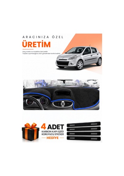 Renault Clıo 3 2005-2012 Uyumlu Torpido Koruma Örtüsü Oto Kılıfı - Siyah Mavi