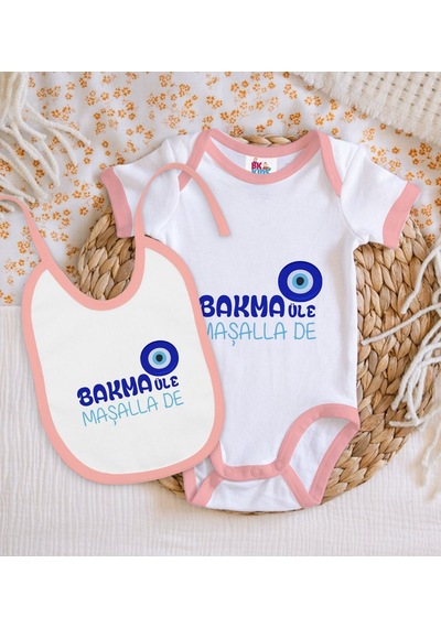 Bk Gift Bk Kids Maşalla De Tasarımlı Pembe Bebek Body Zıbın Ve Mama Önlüğü Hediye Seti-1 Çok Renkli