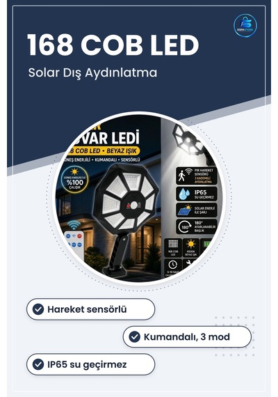 Solar Duvar Lambası Hareket Sensörlü Kumandalı Kablosuz Su Geçirm