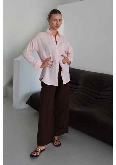 Balenbi Kadın Cepli Oversize Düz Renk Müslin Gömlek 1095 Pembe