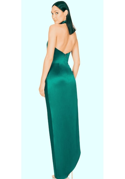 Hanife Glam Couture Hanife Glam Halter Yaka Asetat Saten Elbise Zümrüt