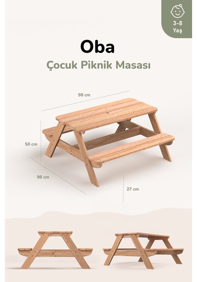 Ovlo Ahşap Çocuk Bahçe Masası Şemsiye Delikli 3-8 Yaş 4 Kişilik Oba Naturel
