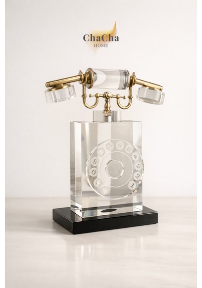 Dikey Kristal Cam Nostaljik Telefon Obje 28x23 Cm - Çevirme Tuşlu Lüks Ofis Masası Aksesuarı Biblo