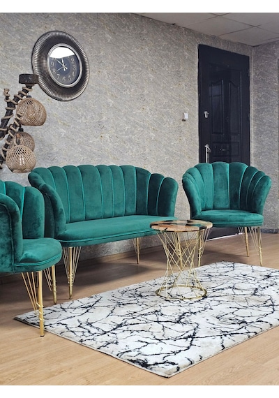 Zafir Gold Kaplama Tel Ayak Papatya Çay Seti Koltuk Takımı , Balkon, Salon, Ofis, Cafe Koltuk Takımı Yeşil