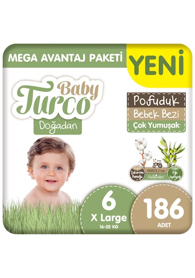 Baby Turco Doğadan Mega Avantaj Paketi Pofuduk Bebek Bezi 6 Numara Xlarge 186 Adet