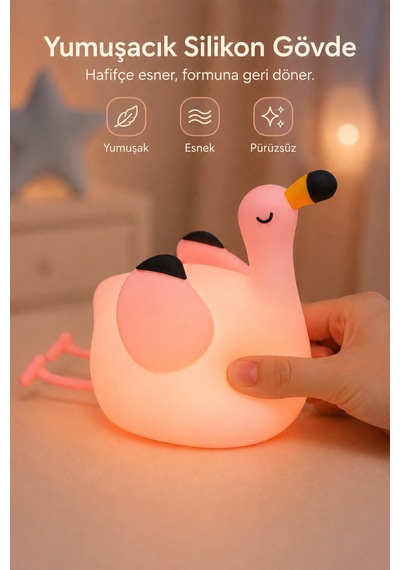 Flapo - Flamingo Figürlü Şarjlı Silikon Gece Lambası 3 Kademe Dokunmatik Usb-c Pembe Pembe