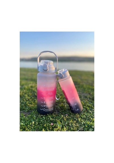 Motivasyonel Su Matarası, 2 Lt Ve 900 Ml, Siyah Pembe, Spor Salon Şişesi Çok Renkli