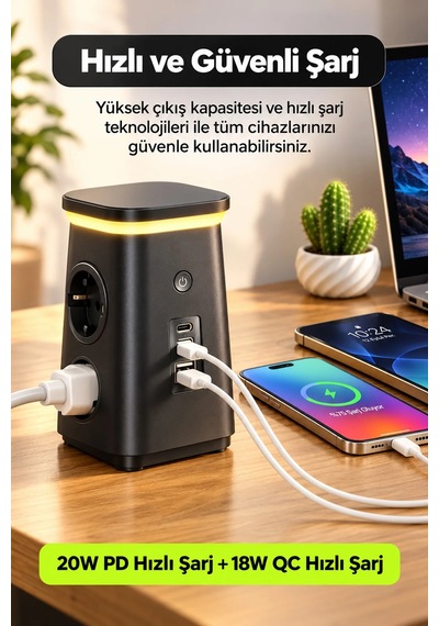 Exenar - Siyah - Akım Korumalı 4'lü Priz 20w Pd Hızlı Şarj Usb-a Ve 2x Usb-c Çıkışlı Katlanabilir Gece Lambalı Güç Ünitesi 1.9 M