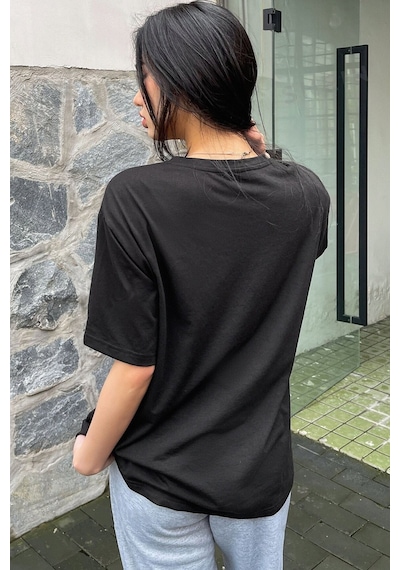 Unisex Orchid Baskılı Oversize Tshirt Siyah