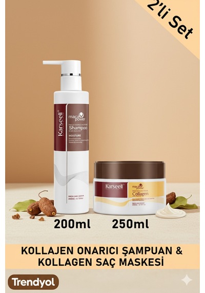 Set Maca Özü Onarıcı Repair Kolajen Saç Maskesi 250 Ml + Maca Özü Nemlendirici Şampuan 200 Ml Karsel - 754552811