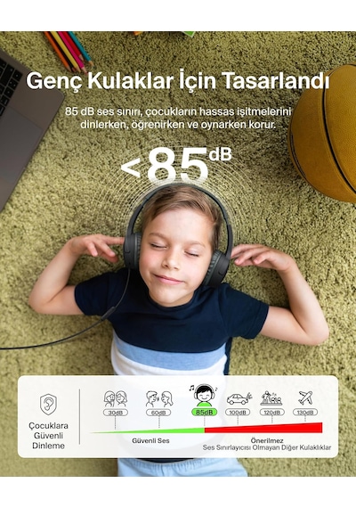 Soundform Mini Kids Kablolu Kulaklık Siyah Usb-c + 3,5 Mm Adaptör, Dahili Mikrofon, 85 Db Ses Sınırı, Eğlenceli Çıkartmalar, İphone, İpad, Galaxy Uyumlu