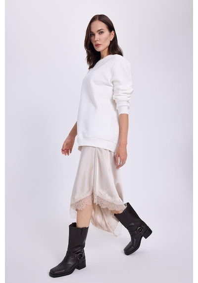Tudors Kadın Oversize Geniş Kesim Pamuklu 3 İplik İçi Polarlı Basic Beyaz Bisiklet Yaka Sweatshirt-41553 Beyaz