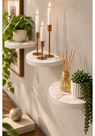Sulorahome 3'lü Oval Duvar Rafı Mermer Desenli Beyaz Beyaz Mermer