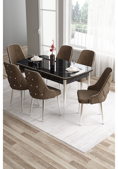 Canisa Tia Serisi 80x132 Mdf Siyah Mermer Desen Krom Detay Mutfak Masası Ve 6 Kahverengi Sandalye Masa Siyah Mermer Desen Sandalye Kahve Canisa Tia Serisi 80x132 Mdf Siyah Mermer Desen Krom Detay Mutfak Masası Ve 6 Kahverengi Sandalye Masa Siyah Mermer Desen Sandalye Kahve
