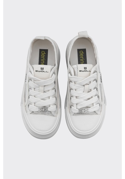 Derinet Bağcıklı Taş Aksesuarlı Kadın Sneaker Beyaz Beyaz