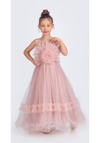 Mnk Baby & Kids Uzun Etekli , Askılı Kız Cocuk Gül Motif Abiye Elbise M00670 Pudra