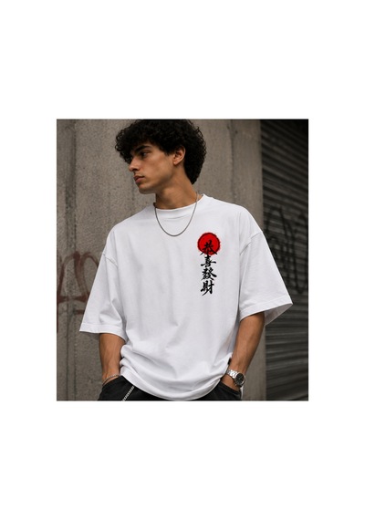 Qmen Style Unisex Beyaz Oversize Baskılı T-shirt Japon %100 Pamuk