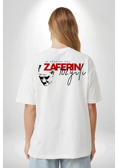 Defymoda 30 Ağustos Zafer Bayramı Atatürk Temalı Oversize Bisiklet Yaka T-shirt - Beyaz