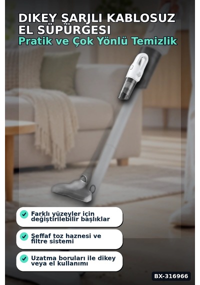 Dikey Süpürge Şarjlı Kablosuz El Süpürgesi 2'si 1 Arada Ev Araç Temizliği Bx-316966