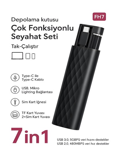7 İn 1 Çok İşlevli Type-c Usb Micro Lightning Dönüştürücü Seyahat Seti Apple Uyumlu iPhone Android Pc Siyah