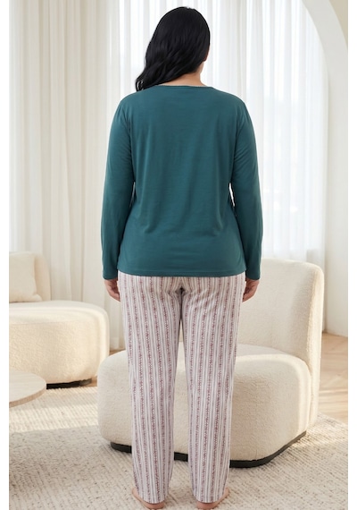 Siyah İnci Pamuklu Likralı Büyük Beden Battal Boy Örme Pijama Takım26240913 Yeşil