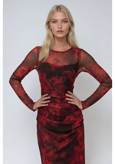 Hiccup Çiçek Desenli Bodycon Maxi Tül Elbise Kırmızı
