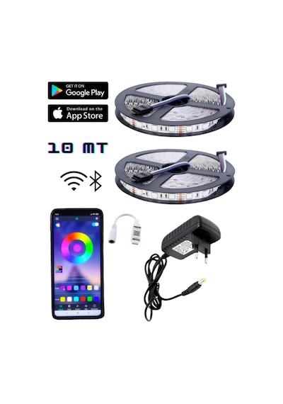 Bluetooth Rgb Led 5 Ve 10 Metre 5050 Smd 3 Çip Tak Çalıştır Set