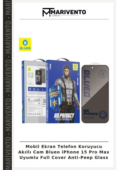 Mobil Ekran Telefon Koruyucu Akıllı Cam Blueo İphone 15 Pro Max Uyumlu Full Cover Anti-peep Glass