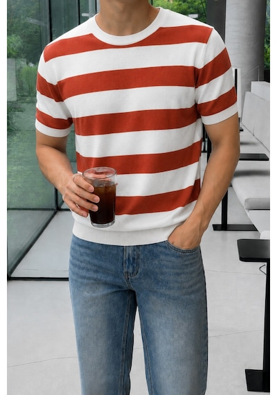 Tarz Cool Erkek Çizgili Triko Tişört Bisiklet Yaka Slim Fit Yazlık İnce Dokulu Turuncu